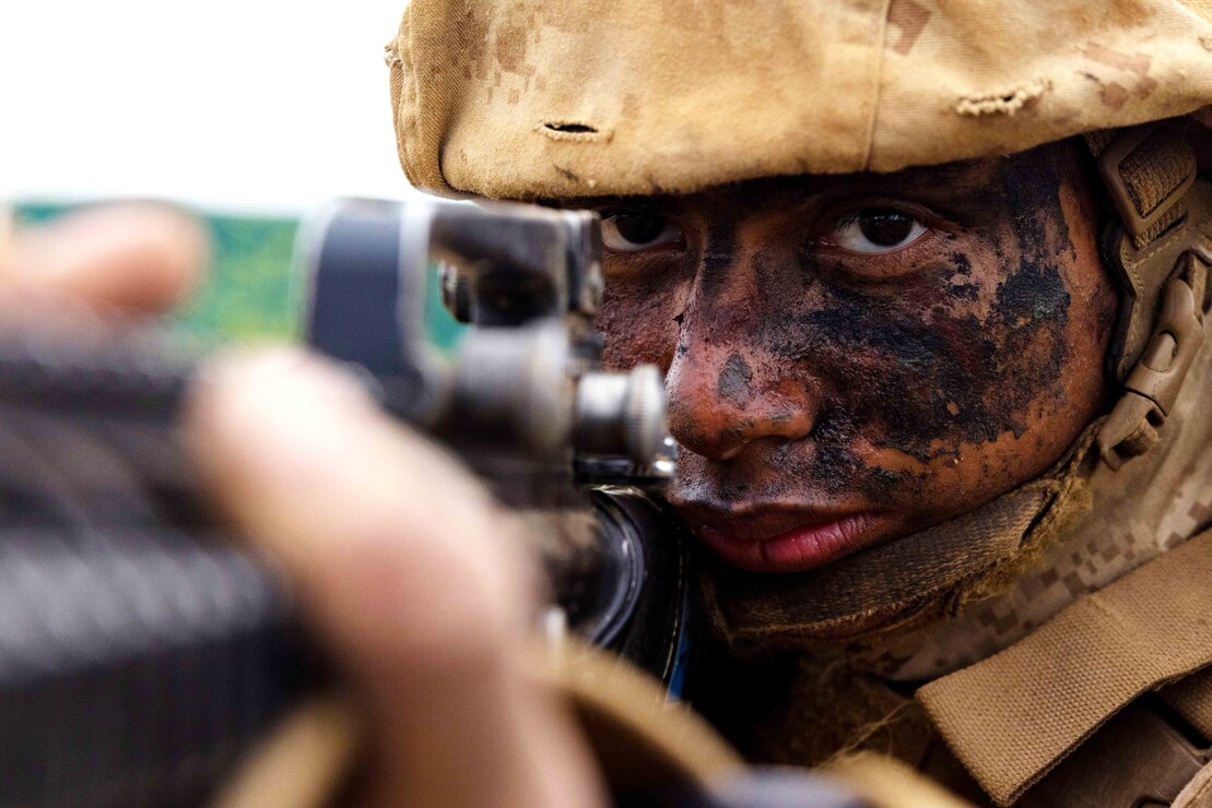 U.S. Marine Corps Rct. Jaiden Martino, a recruit with Lima Company, 3rd Recruit Training Battalion, holds security during the crucible at Marine Corps Base Camp Pendleton, Calif., May 16, 2023.