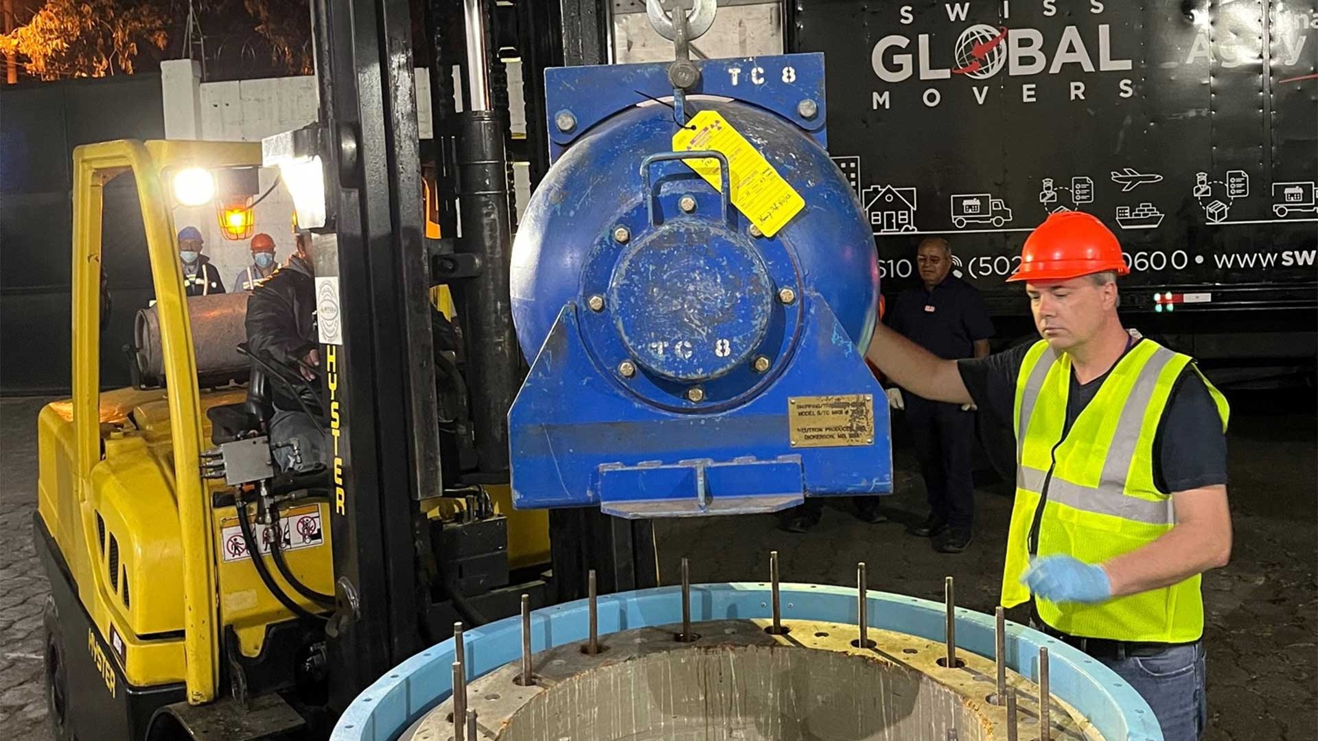 Cobalt-60 sources being loaded into transport container