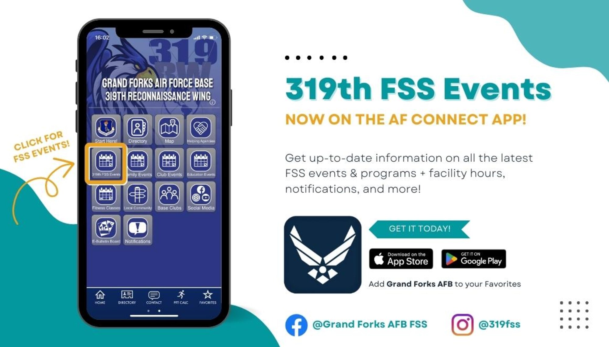 Graphic with black phone previewing layout of the Air Force Connect app.