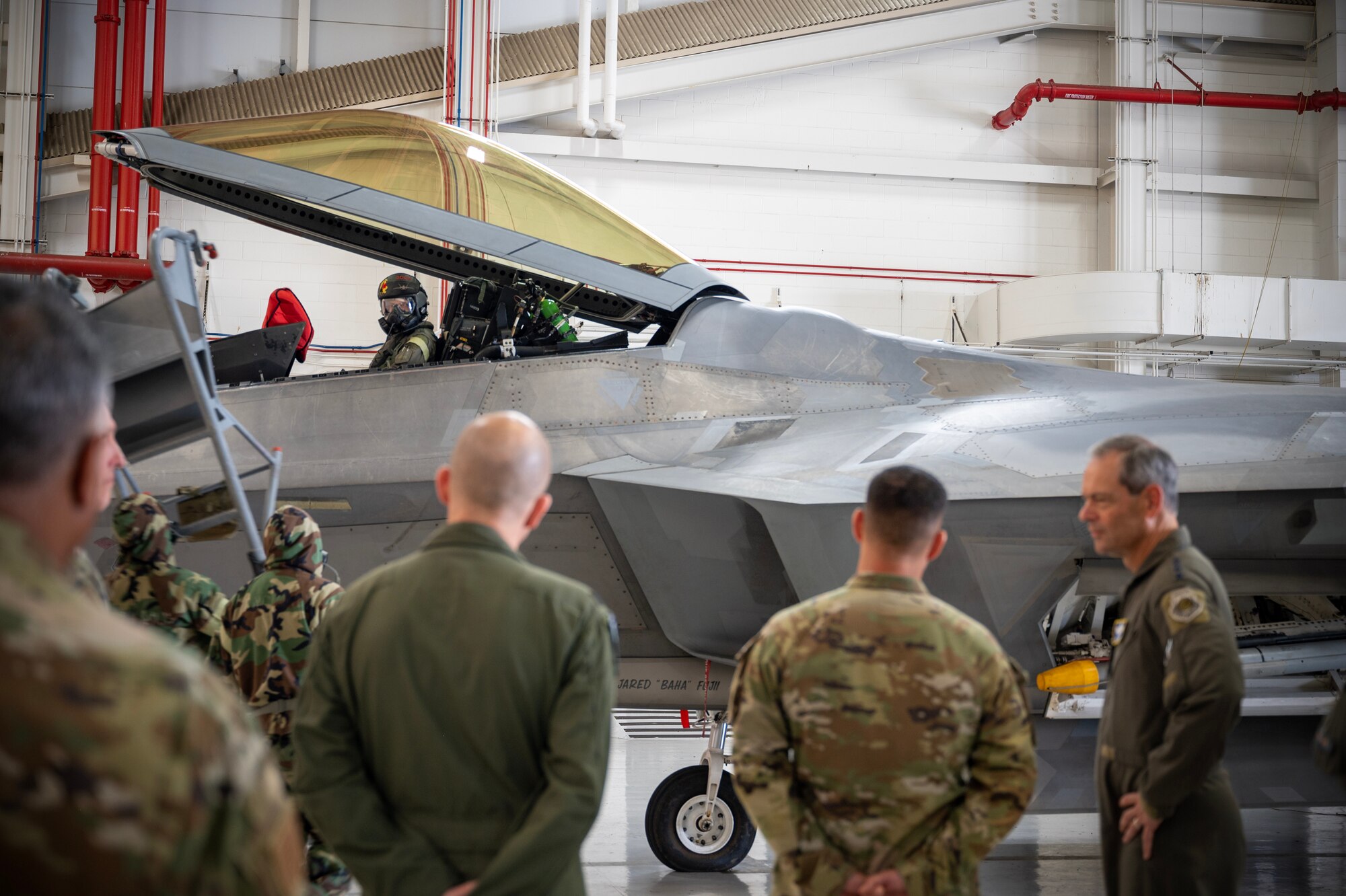 U.S. Air Force Capt. Alex “Doom” Moss, 19th Fighter Squadron F-22 Raptor pilot, utilizes the modified M-50 ground crew mask during a Next Generation Aircrew Protection Step-Launch and Recover test at Joint-Base Pearl Harbor-Hickam, Hawaii, May 11, 2023. The demonstration showcases the Pacific Air Forces stop gap for the F-22 Aircrew Chemical, Biological, Radiological and Nuclear limiting factor utilizing the modified M-50 ground crew mask. (U.S. Air National Guard photo by Master Sgt. Mysti Bicoy)