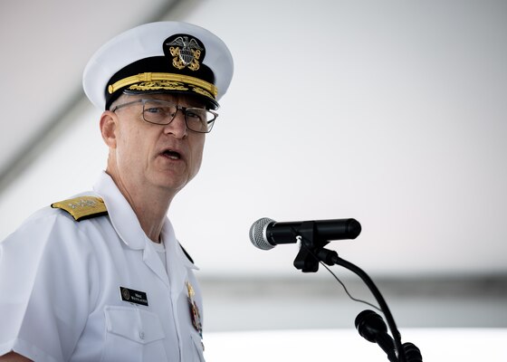 Rear Adm. Michael Wettlaufer, USN Commander, Military Sealift Command (MSC), delivers welcoming remarks during MSC’s National Maritime Day ceremony aboard USNS Comfort (T-AH 20) May 22, 2023. National Maritime Day honors the thousands of dedicated merchant mariners who served aboard United States vessels around the world.