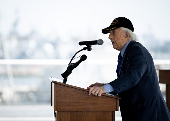 Dave Yoho, U.S. Merchant Marine and World War II Veteran, delivers remarks during Military Sealift Command’s National Maritime Day ceremony aboard USNS Comfort (T-AH 20) May 22, 2023. National Maritime Day honors the thousands of dedicated merchant mariners who served aboard United States vessels around the world.