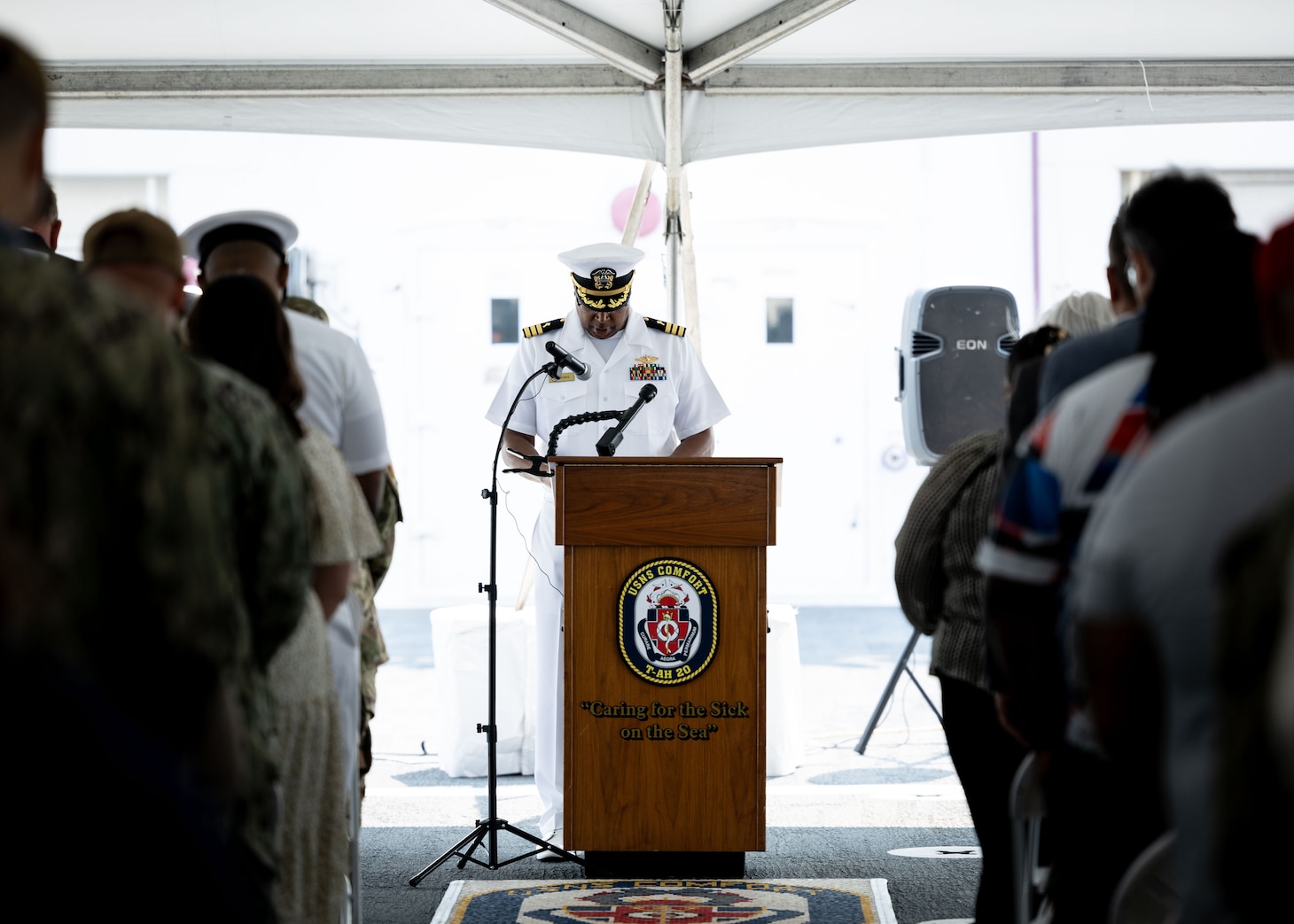 Cmdr. Robert Jones, CHC, USN Naval Medical Center Portsmouth Deputy Command Chaplain, USNS Comfort (T-AH 20), delivers the invocation during Military Sealift Command’s National Maritime Day ceremony aboard Comfort May 22, 2023. National Maritime Day honors the thousands of dedicated merchant mariners who served aboard United States vessels around the world.