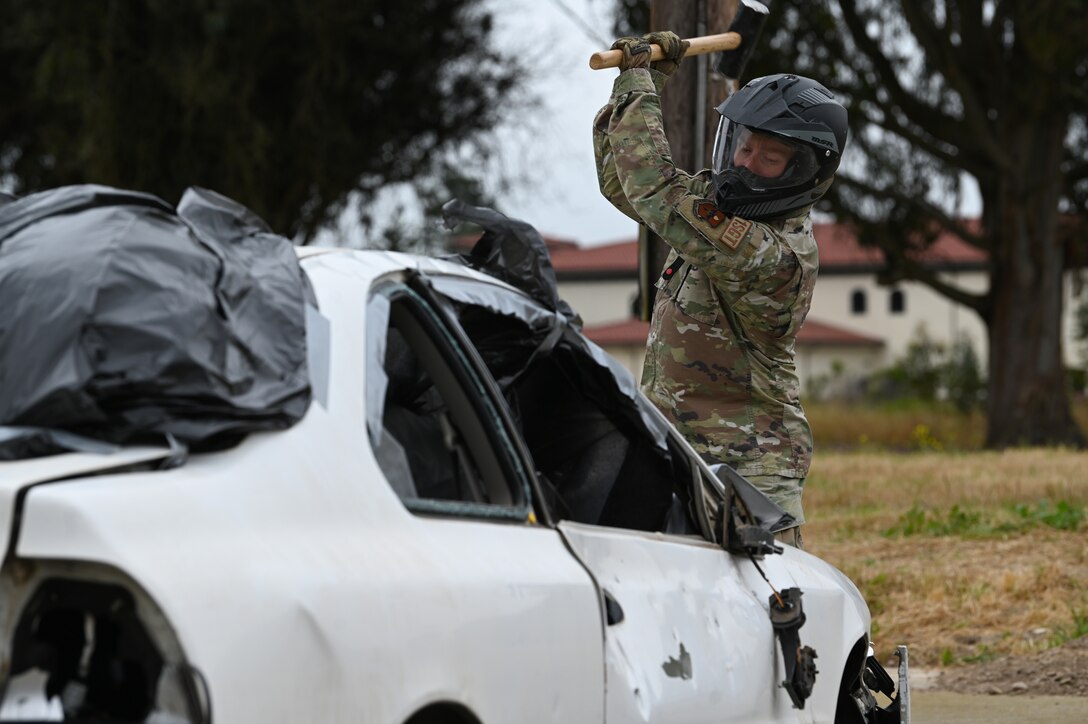 30th Security Forces Squadron hosted “Rage Car” for 2023’s Police Week at vandenberg Space Force Base, Calif., May 17, 2023. Participants were able to take a sledgehammer to a police vehicle while a song of their choice plays in the background for 3 minutes per person. (U.S. Space Force photo by Airman 1st Class Kadielle Shaw)