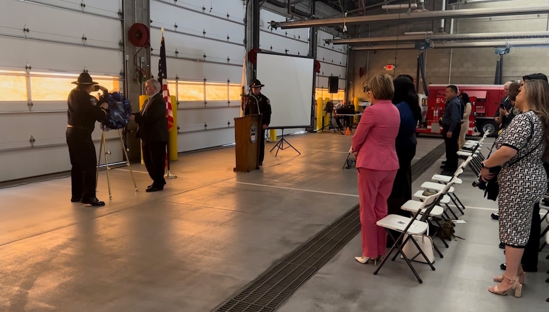 DLA Installation Management at San Joaquin site director Jonathan Mathews and police chief Christy Hardt laid a wreath in honor of the law enforcement officers who were killed in the line of duty. (DLA photo by Julian Temblador)