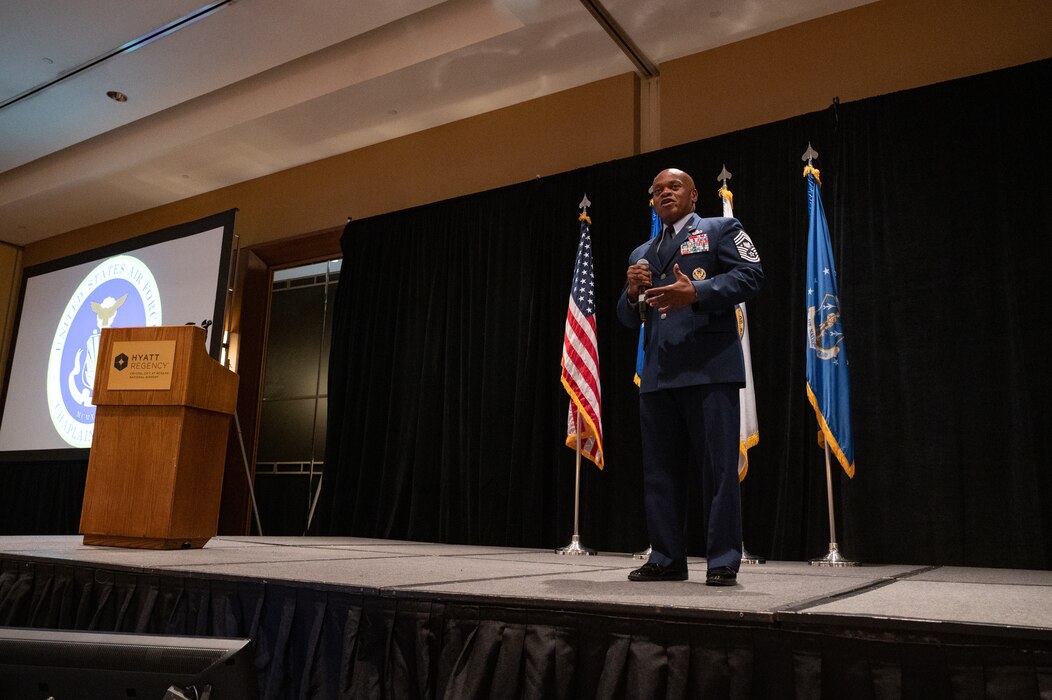 Senior Enlisted Advisor Tony L. Whitehead, SEA to the chief, National Guard Bureau, speaks to Air National Guard (ANG) chaplains and religious affairs Airmen at the ANG Chaplain Corps Senior Religious Support Team Symposium in Arlington, Virginia, May 17, 2023.