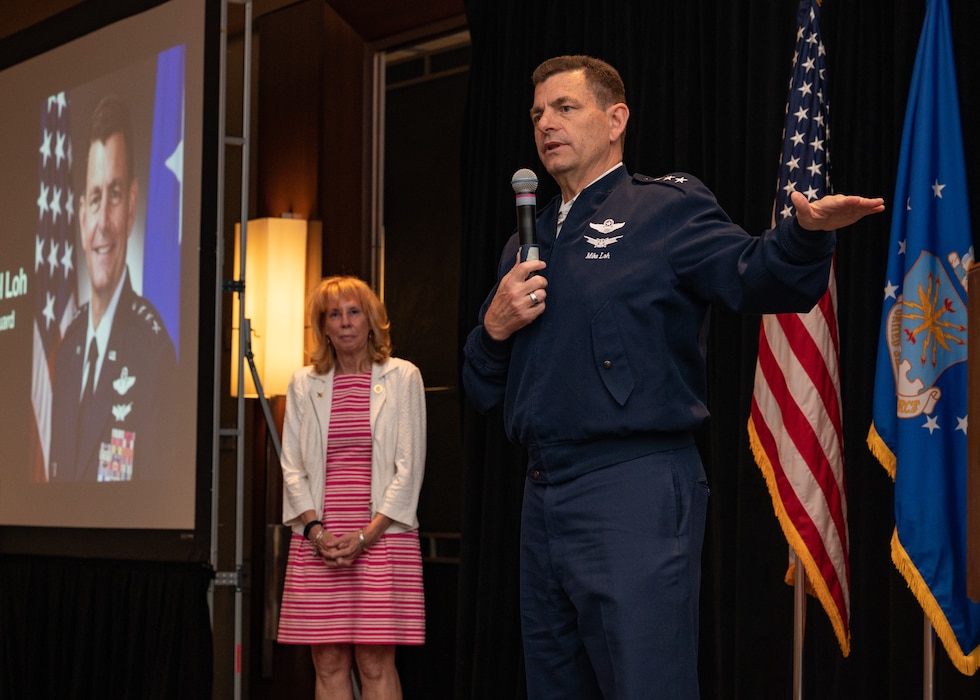 U.S. Air Force Lt. Gen. Michael A. Loh, director, Air National Guard (ANG), speaks to ANG chaplains and religious affairs Airmen at the ANG Chaplain Corps Senior Religious Support Team Symposium in Arlington, Virginia, May 17, 2023.