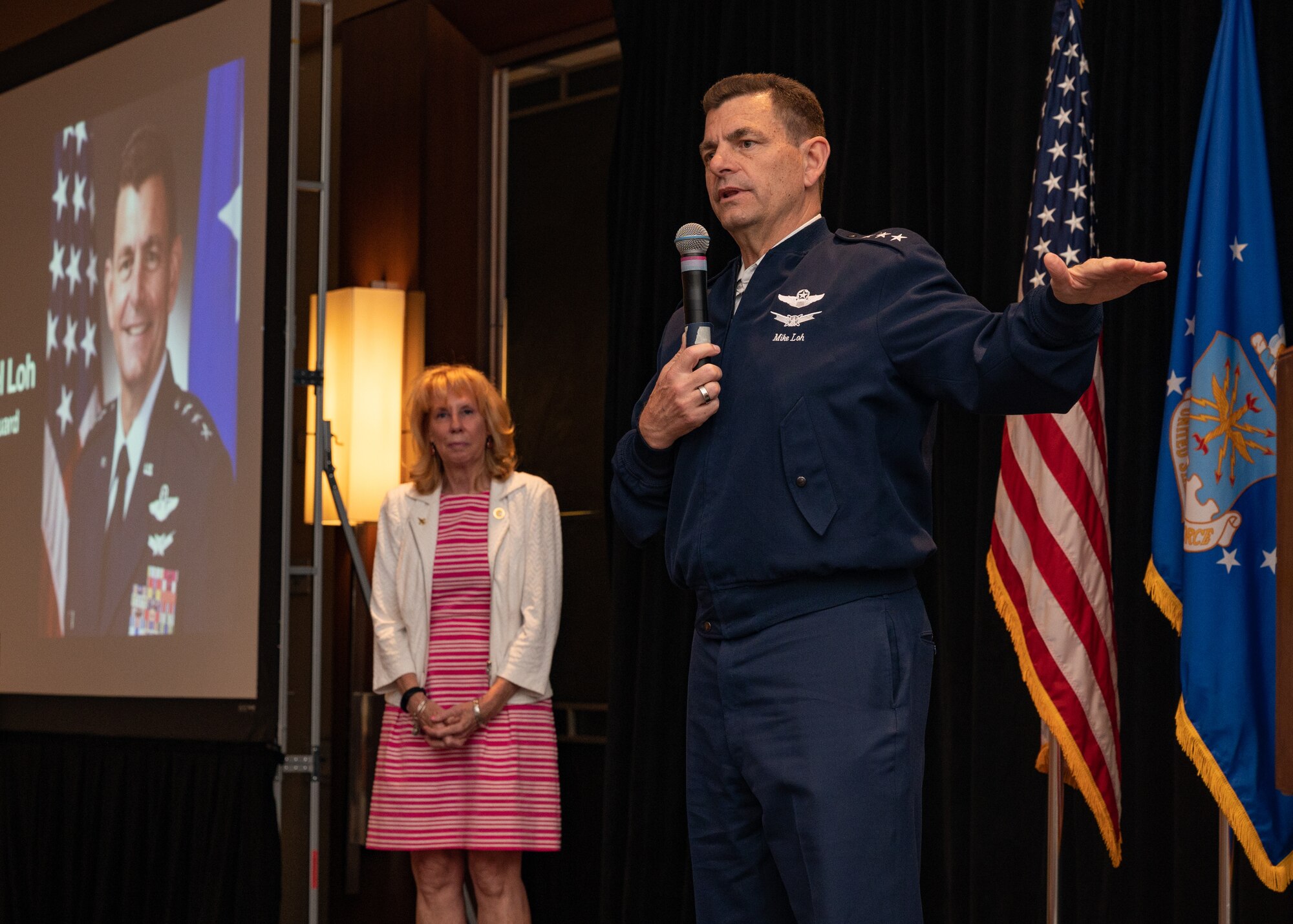 U.S. Air Force Lt. Gen. Michael A. Loh, director, Air National Guard (ANG), speaks to ANG chaplains and religious affairs Airmen at the ANG Chaplain Corps Senior Religious Support Team Symposium in Arlington, Virginia, May 17, 2023.