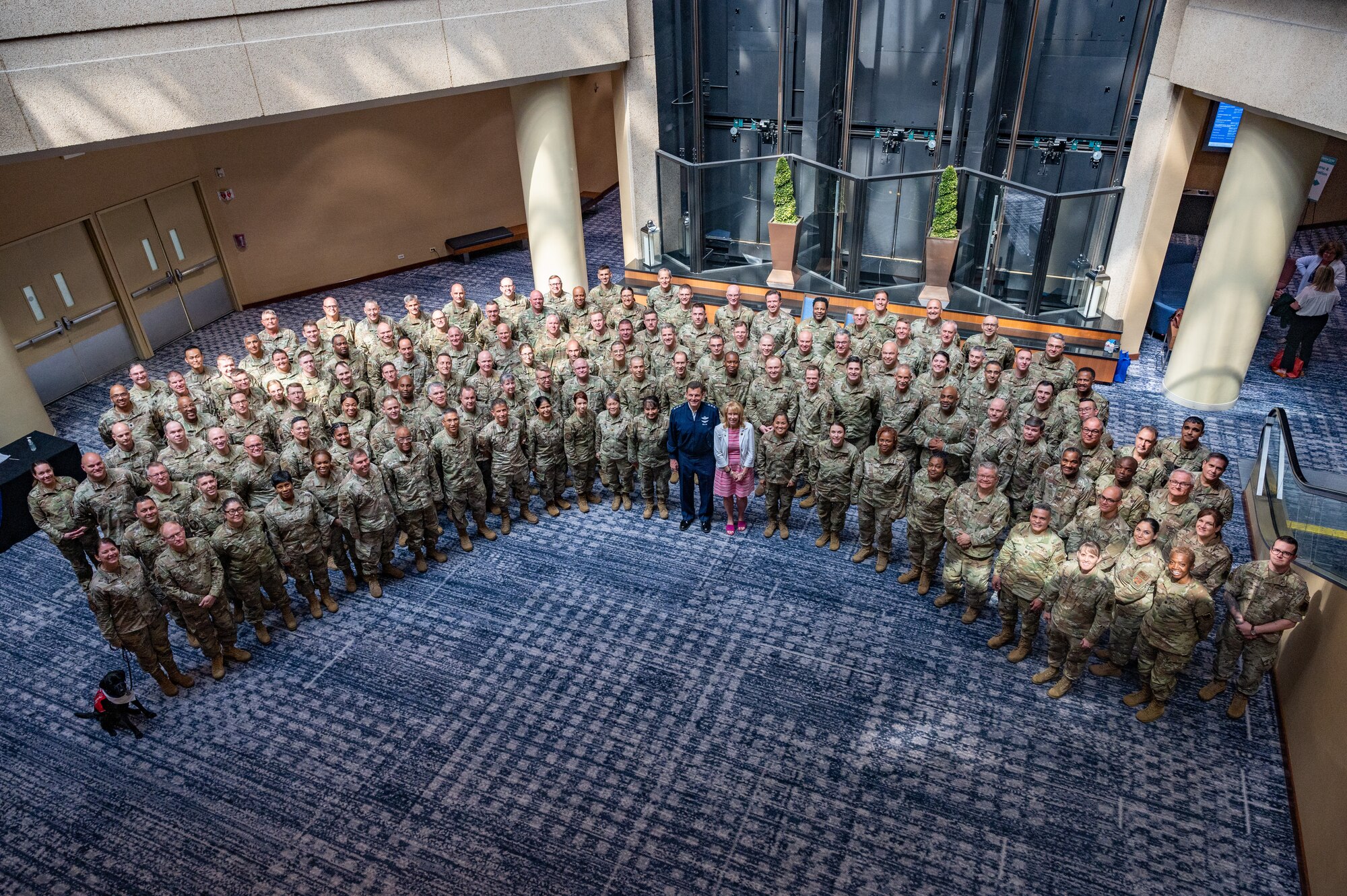 U.S. Air Force religious affairs Airmen and chaplains from across the Air National Guard (ANG) pose for a group photo at the ANG Chaplain Corps Senior Religious Support Team Symposium in Arlington, Virginia, May 17, 2023.