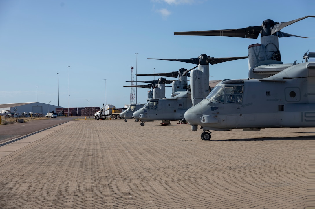 MV-22B Osprey tiltrotor aircraft with Marine Medium Tiltrotor Squadron 363 (Reinforced), Marine Rotational Force - Darwin 23, prepare to depart Darwin Port, Northern Territory, Australia, April 28, 2023. Working alongside Australian Allies, MRF-D is postured and ready to respond to crisis and contingency in the region, contributing to a safe and prosperous Indo-Pacific. (U.S. Marine Corps photo by Cpl. Adeola Adetimehin)