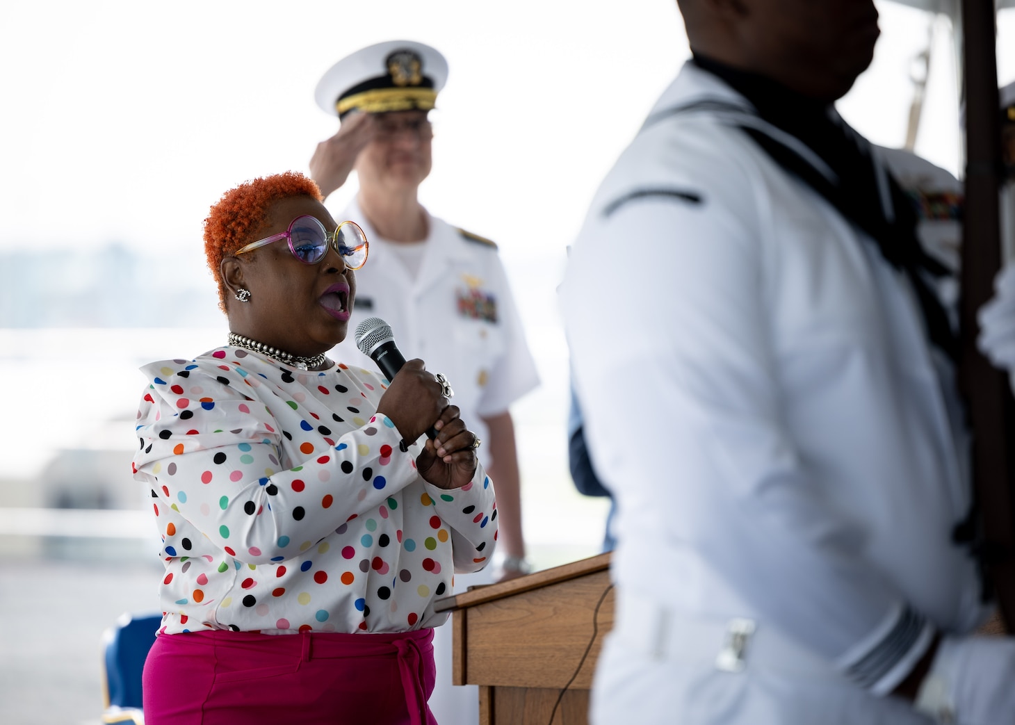 Dee Pruitt-Polite, assigned to Military Sealift Command (MSC), sings the National Anthem during MSC’s National Maritime Day ceremony aboard USNS Comfort (T-AH 20) May 22, 2023. National Maritime Day honors the thousands of dedicated merchant mariners who served aboard United States vessels around the world.
