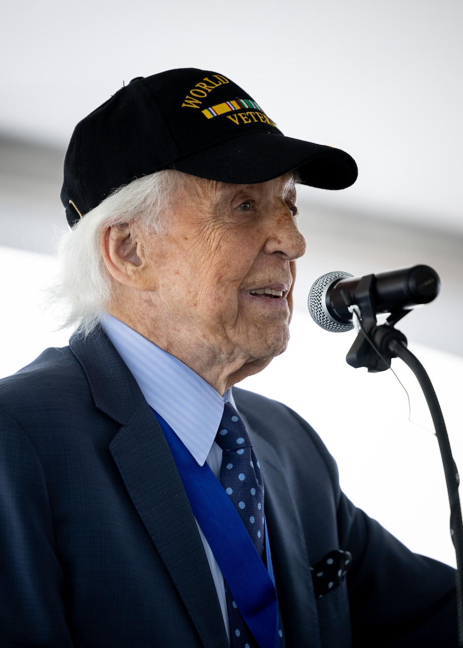 Dave Yoho, U.S. Merchant Marine and World War II Veteran, delivers remarks during Military Sealift Command’s National Maritime Day ceremony aboard USNS Comfort (T-AH 20) May 22, 2023. National Maritime Day honors the thousands of dedicated merchant mariners who served aboard United States vessels around the world.