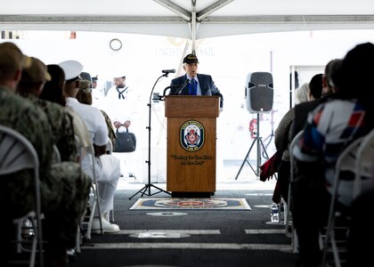 Dave Yoho, U.S. Merchant Marine and World War II Veteran, delivers remarks during Military Sealift Command’s National Maritime Day ceremony aboard USNS Comfort (T-AH 20) May 22, 2023. National Maritime Day honors the thousands of dedicated merchant mariners who served aboard United States vessels around the world.