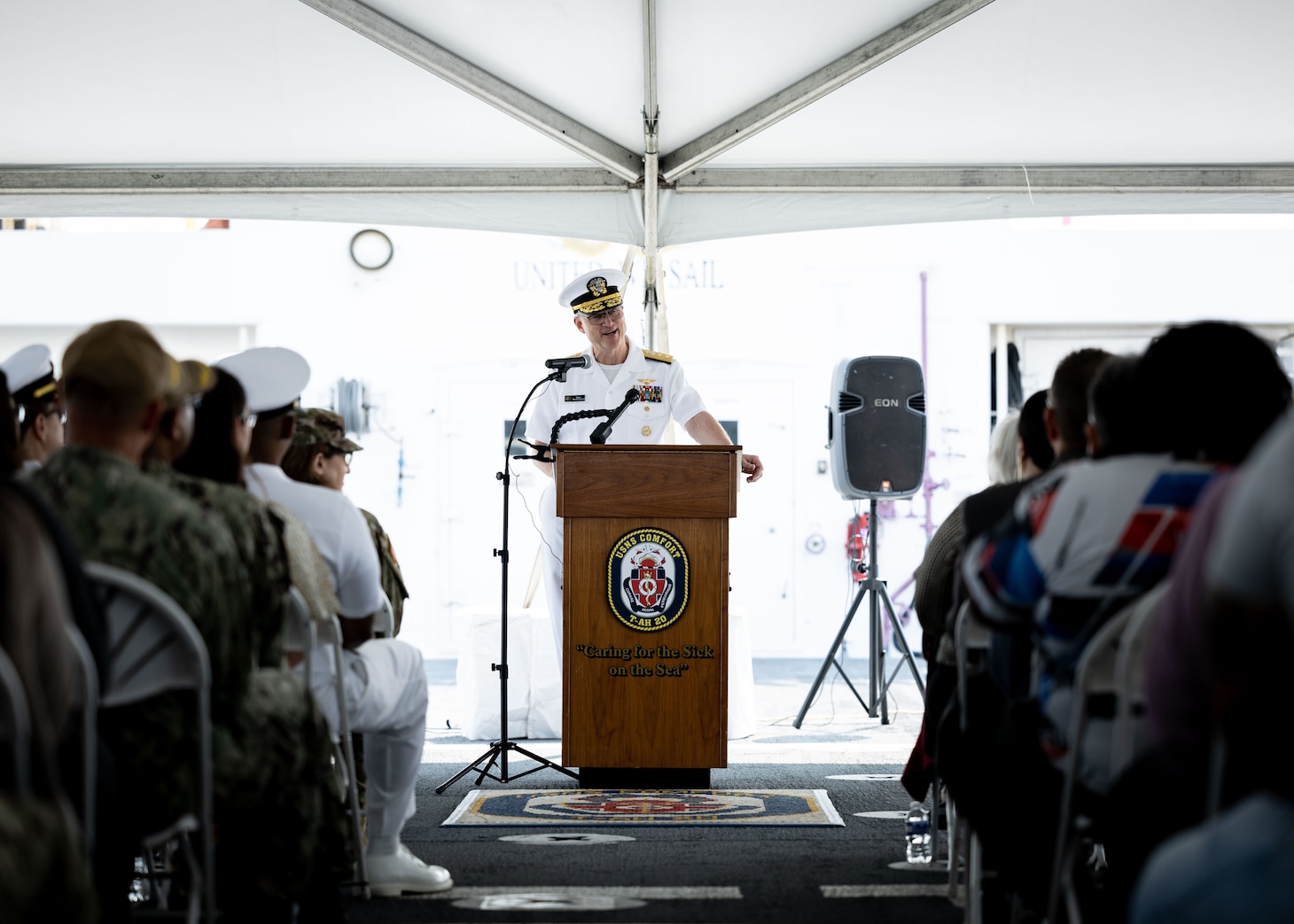 Rear Adm. Michael Wettlaufer, USN Commander, Military Sealift Command (MSC), delivers welcoming remarks during MSC’s National Maritime Day ceremony aboard USNS Comfort (T-AH 20) May 22, 2023. National Maritime Day honors the thousands of dedicated merchant mariners who served aboard United States vessels around the world.