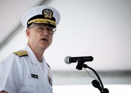 Rear Adm. Michael Wettlaufer, USN Commander, Military Sealift Command (MSC), delivers welcoming remarks during MSC’s National Maritime Day ceremony aboard USNS Comfort (T-AH 20) May 22, 2023. National Maritime Day honors the thousands of dedicated merchant mariners who served aboard United States vessels around the world.