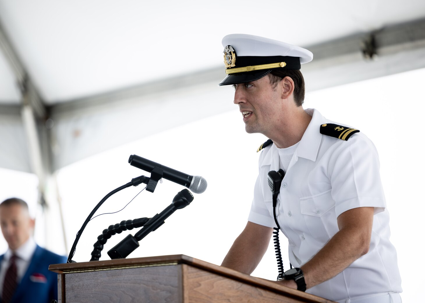 Third Officer Peter Gilmore, assigned to USNS Comfort (T-AH 20), reads the National Maritime Day proclamation during Military Sealift Command’s National Maritime Day ceremony aboard Comfort May 22, 2023. National Maritime Day honors the thousands of dedicated merchant mariners who served aboard United States vessels around the world.