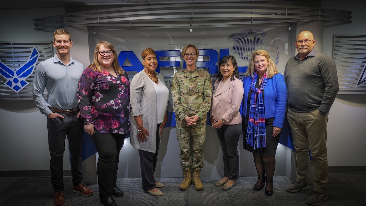 From left: Dr. Joseph Palm, Stephanie Keinath, and Dr. Karen Townsend, civic leaders for Wright-Patterson Air Force Base; Maj. Gen. Heather Pringle, commander, Air Force Research Laboratory; Sindy Yeh, civic leader for the Air Force Research Laboratory; Amanda Negron, Eglin Air Force Base; and Dr. William Laird, civic leader for Edwards Air Force Base, pose for a photo during the AFRL inaugural cohort of civil leaders May 1, 2023, at Wright-Patterson, Air Force Base, Ohio. The three-day immersion program was April 20 to May 2, 2023, and hosted community leaders from across the country. (U.S. Air Force photo / Keith Lewis)