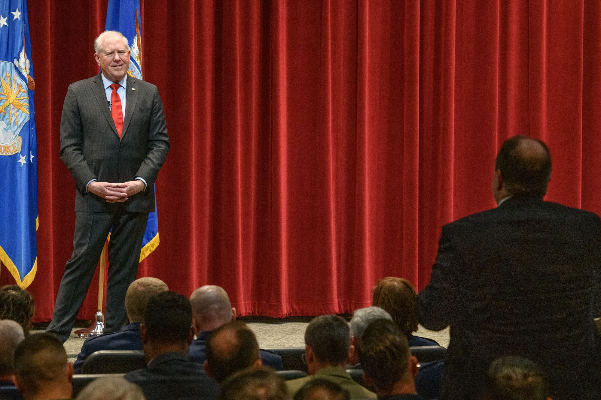 U.S. Air Force Secretary Frank Kendall takes a question from a guest attending the National Security Forum at Air War College