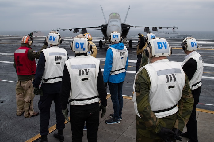 Vice Adm. Thomas E. Ishee, commander, U.S. Sixth Fleet and Naval Striking and Support Forces NATO (STRIKFORNATO) embarked the first-in-class aircraft carrier USS Gerald R. Ford (CVN 78), May 22.