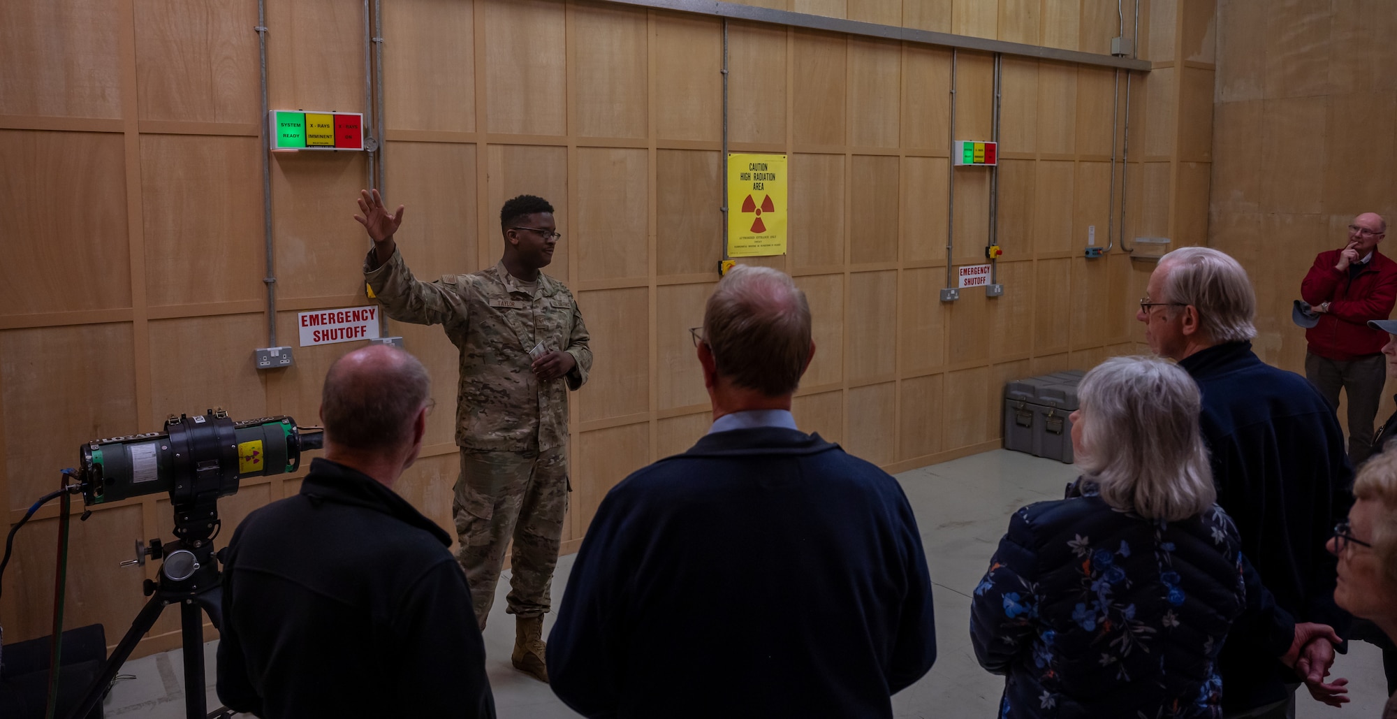 U.S. Air Force Staff Sgt. Demari Taylor, 100th Maintenance Squadron non-destructive inspection craftsman, demonstrates how a non-destructive inspection is completed during a base tour at Royal Air Force Mildenhall, England, May 16, 2023.