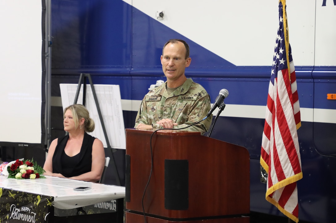 U.S. Army Chief Warrant Officer 5 David Barker, Joint Forces Headquarters, Kentucky National Guard, was recognized for his service during a retirement ceremony in Frankfort, Ky, April 27, 2023. Barker is retiring after 39 years of service. (U.S. Army National Guard photo by Lt. Col. Carla Raisler Kentucky National Guard)