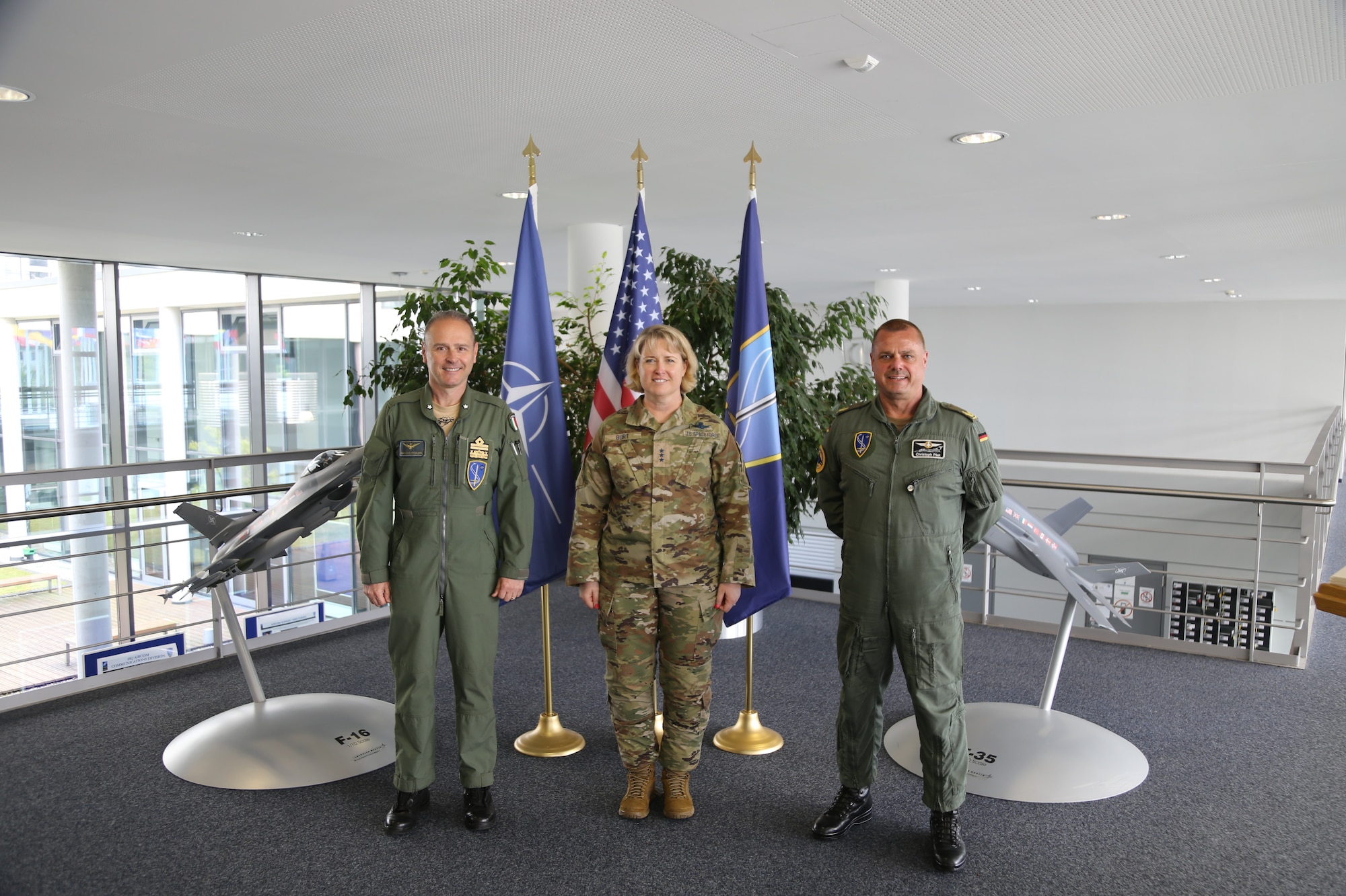 Italian Air Forces Maj. Gen. Gianluca Ercolani, NATO Allied Air Command chief of Staff (left); Lt. Gen. DeAnna Burt (center), Chief Operations Officer for the United States Space Force; and German Air Forces Brig. Gen. Christoph Pliet, NATO Allied Air Command deputy chief of Staff, pose for a picture in NATO Allied Air Command at Ramstein Air Base, Germany, May 22, 2023.
Burt visited the NATO Space Center within NATO Allied Air Command to learn and understand how the U.S. can best integrate and support the Alliance’s space mission.
In December 2019, NATO Heads of State and Government declared space as the Alliance's "fifth domain" of operations, alongside land, sea, air and cyberspace, which provides new space for information sharing, capability building, and multilateral cooperation alongside our NATO Allies and Partners.