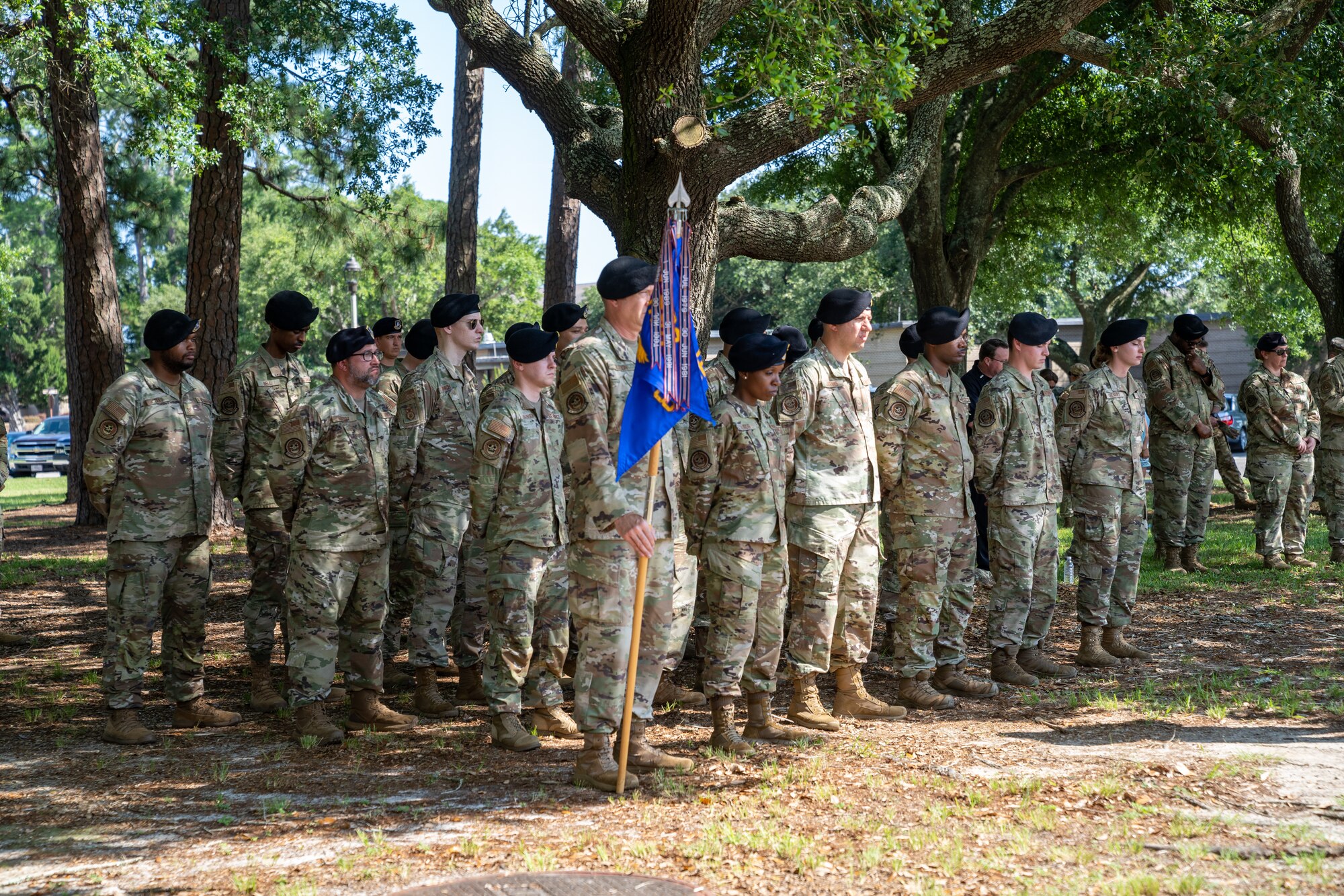 Members of the 81st Security Forces Squadron stand in formation during the retreat ceremony during National Police Week at Keesler Air Force Base, Mississippi, May 19, 2023.