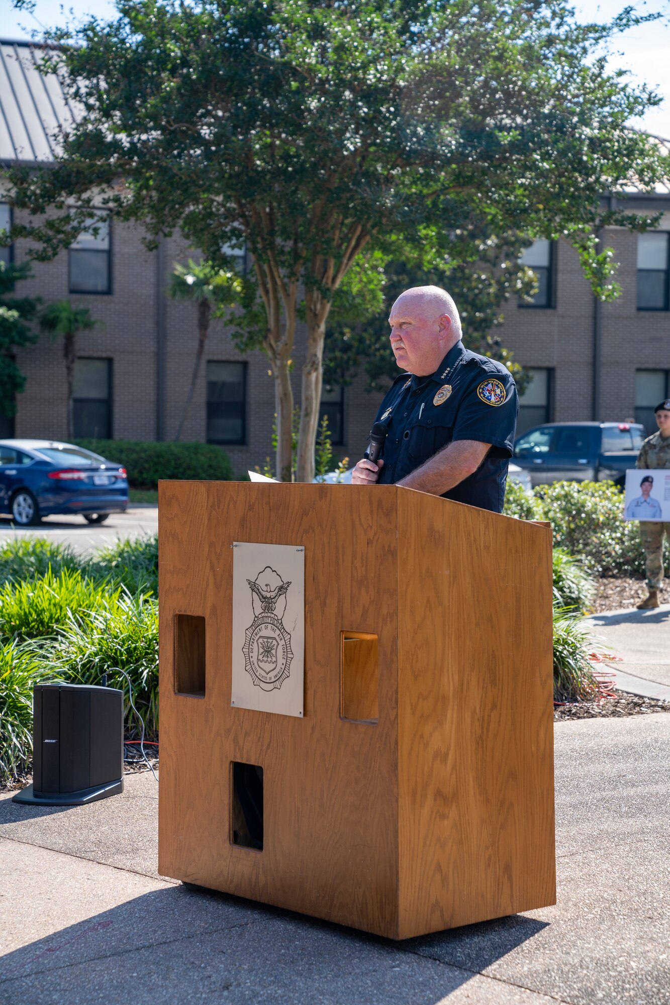 Chief John Miller, Biloxi chief of police, gives his remarks during the retreat ceremony during National Police Week at Keesler Air Force Base, Mississippi, May 19, 2023.