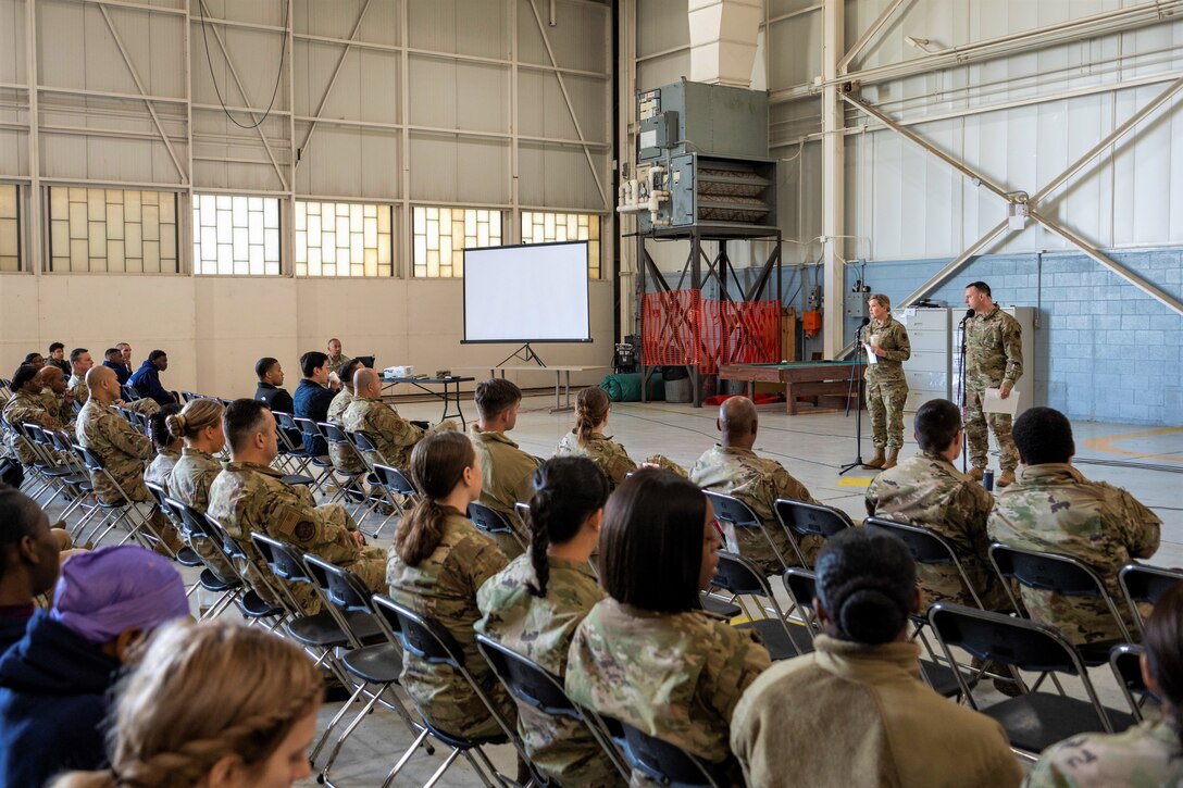 Air National Guard Col. Deane Thomey, 111th Attack Wing Commander; and ANG Col. Rebecca A. Gray, 111th ATKW Vice Commander, talk to members of the 111th Attack Wing during the Mentorship May event hosted at Biddle Air National Guard Base in Horsham Pennsylvania, May 7, 2023. Thomey and Gray, who led the discussion on resilence, were among several guest speakers who helped kick off a formal mentoring program at the Wing focusing on the resolve, resiliency, relationships and readiness. (U.S. Air National Guard courtesy photo by Matthew Bergh)