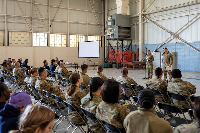 Air National Guard Col. Deane Thomey, 111th Attack Wing Commander; and ANG Col. Rebecca A. Gray, 111th ATKW Vice Commander, talk to members of the 111th Attack Wing during the Mentorship May event hosted at Biddle Air National Guard Base in Horsham Pennsylvania, May 7, 2023. Thomey and Gray, who led the discussion on resilence, were among several guest speakers who helped kick off a formal mentoring program at the Wing focusing on the resolve, resiliency, relationships and readiness. (U.S. Air National Guard courtesy photo by Matthew Bergh)