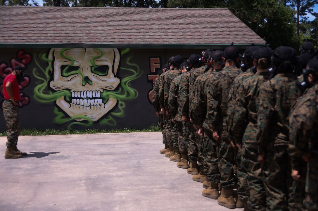 Marines stand in a line while wearing gas masks outside a building.