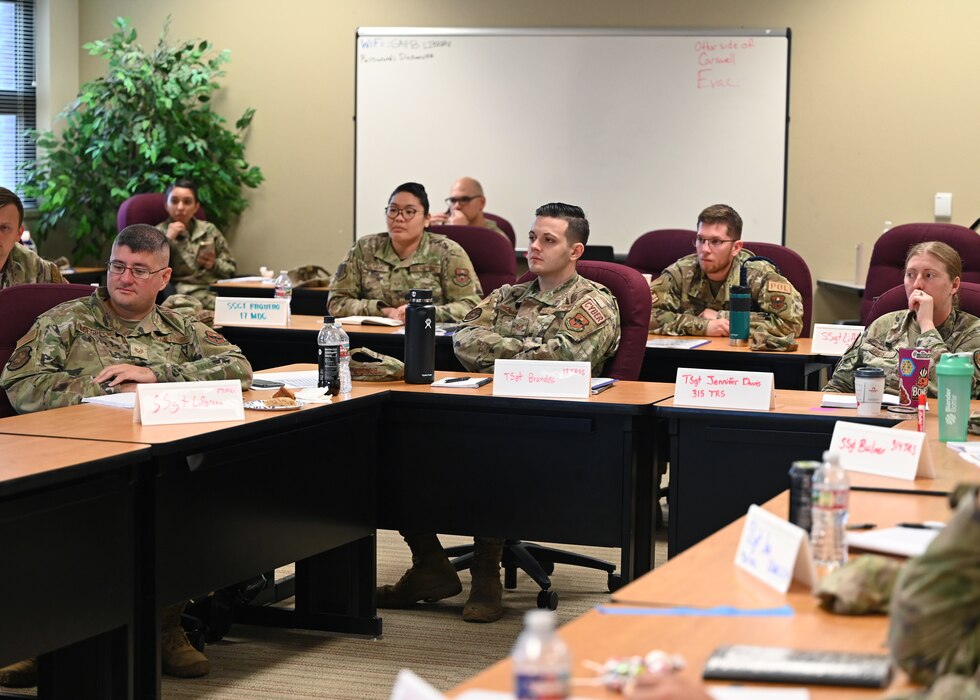 Noncommissioned Officers attend the Airpower Leadership Academy at the Consolidated Learning Center, Goodfellow Air Force Base, Texas, May 15, 2023. ALA bridges the gap between Airman Leadership School and the Academy by providing necessary professional education. (U.S. Air Force photo by Senior Airman Sarah Williams)