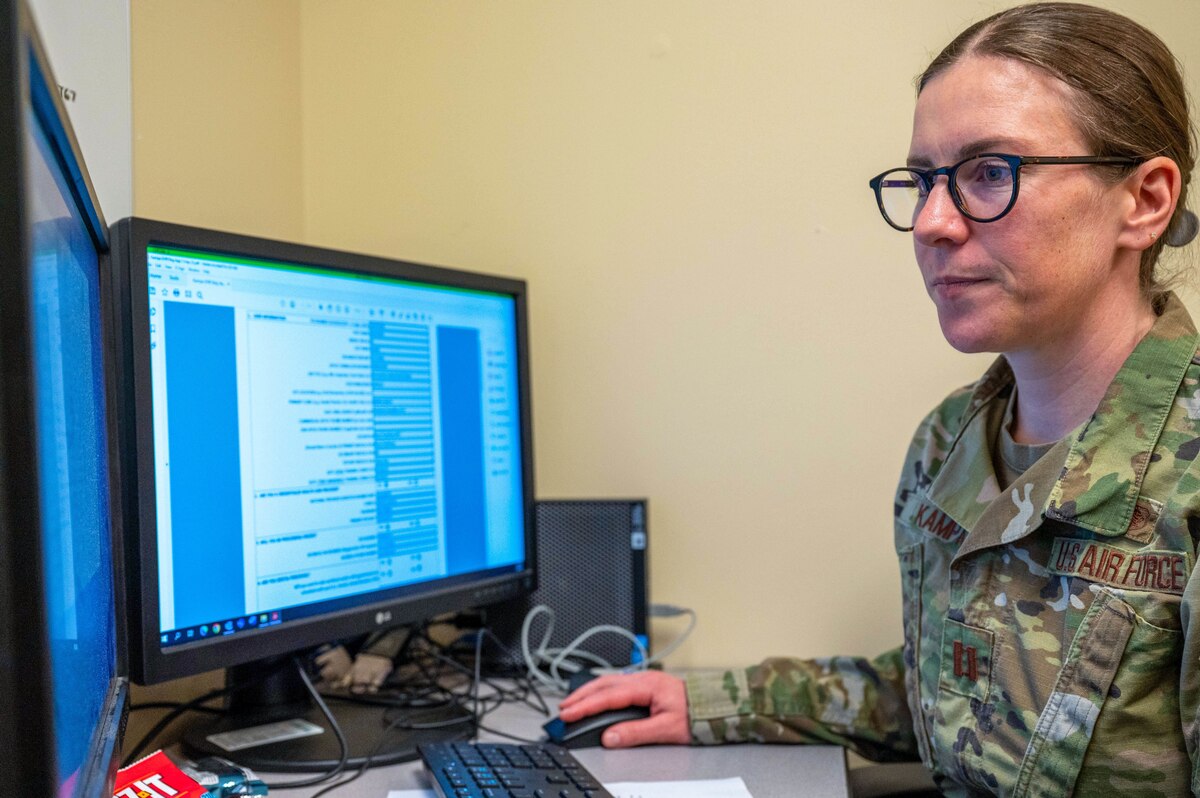Capt. Mackenzie Kampa, the 934th Aeromedical Staging Squadron mental health officer in charge, carries out administrative work at the Minneapolis-St. Paul Air Reserve Station, Minnesota, May 6, 2023. The 934 ASTS mental health office was open for walk-ins during the May 2023 unit training assembly to answer a variety of questions regarding mental health, from depression to the resources on the installation that Airmen can turn to in times of need. (U.S. Air Force photo by Senior Airman Matthew Reisdorf)