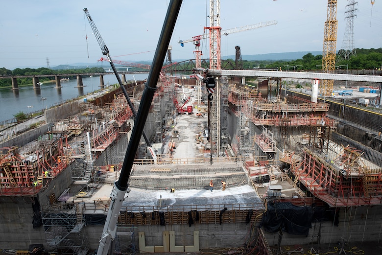 The U.S. Army Corps of Engineers Nashville District continues to construct a new lock chamber May 22, 2023, for the Chickamauga Lock Replacement Project on the Tennessee River in Chattanooga, Tennessee. Shimmick is the contractor working on the lock chamber. (USACE Photo by Lee Roberts)
