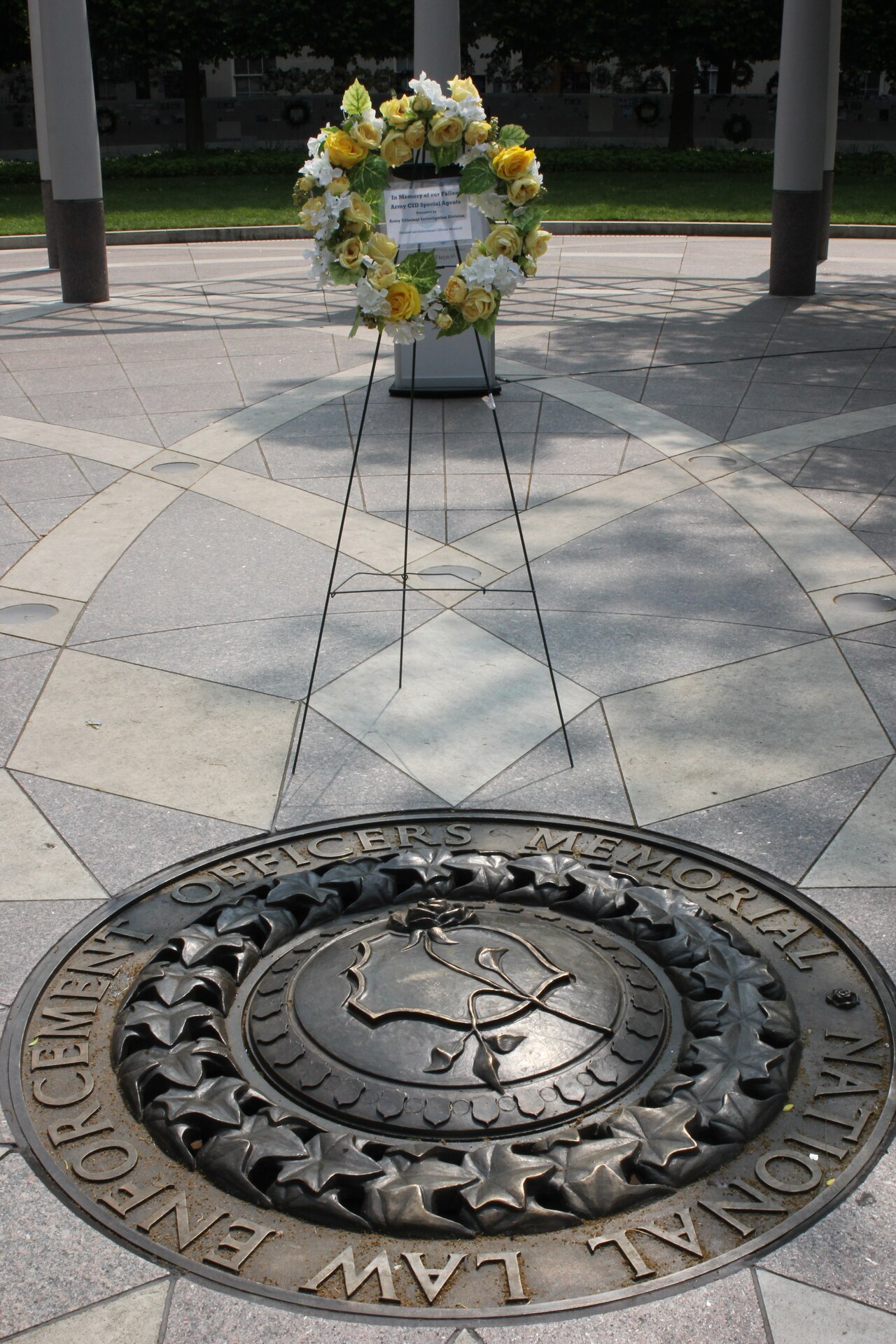 A wreath of remembrance stands in the center of the atrium at the National Law Enforcement Officers Memorial in Washington D.C.