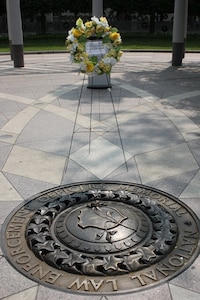 A wreath of remembrance stands in the center of the atrium at the National Law Enforcement Officers Memorial in Washington D.C.