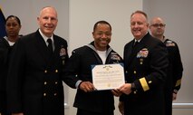 FALLS CHURCH, Va. (May 5, 2023) – – Hospital Corpsman 1st Class Travis Hunter assigned to Navy Medicine Readiness and Training Command Rota, Spain, is recognized as Navy Medicine's 2022 Sailor of the Year during a ceremony at Bureau of Medicine and Surgery headquarters, May 18, 2023. (U.S. Navy photo by Mass Communication Specialist 1st Class John Grandin/Released)