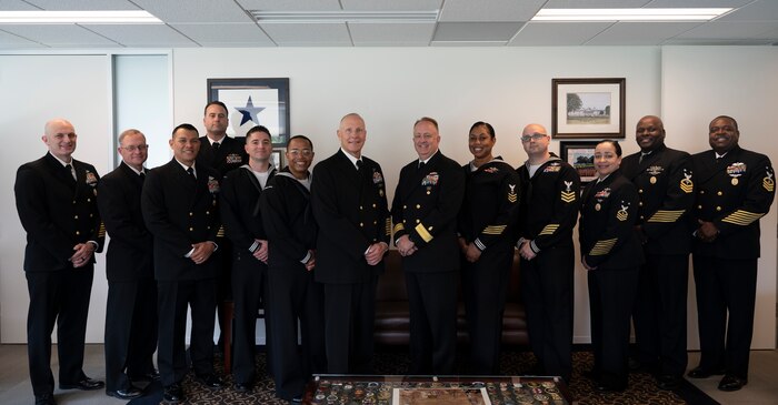 FALLS CHURCH, Va. (May 5, 2023) – Rear Adm. Darin K. Via, Acting Surgeon General of the Navy, and Force Master Chief Michael J. Roberts, Director of the Hospital Corps recognize Navy Medicine's 2022 Sailor of the Year candidates during a ceremony at Bureau of Medicine and Surgery headquarters, May 18, 2023. (U.S. Navy photo by Mass Communication Specialist 1st Class John Grandin/Released)