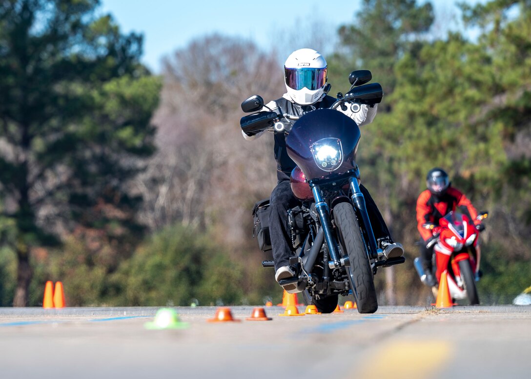 Members of team Seymour participate in a motorcycle safety course at Seymour Johnson Air Force Base, North Carolina Dec. 14, 2021. Basic riding course is mandated by the Air Force for all service members who wish to ride motorcycles. (U.S. Air Force courtesy photo by Airman 1st Class Hadley Neish)