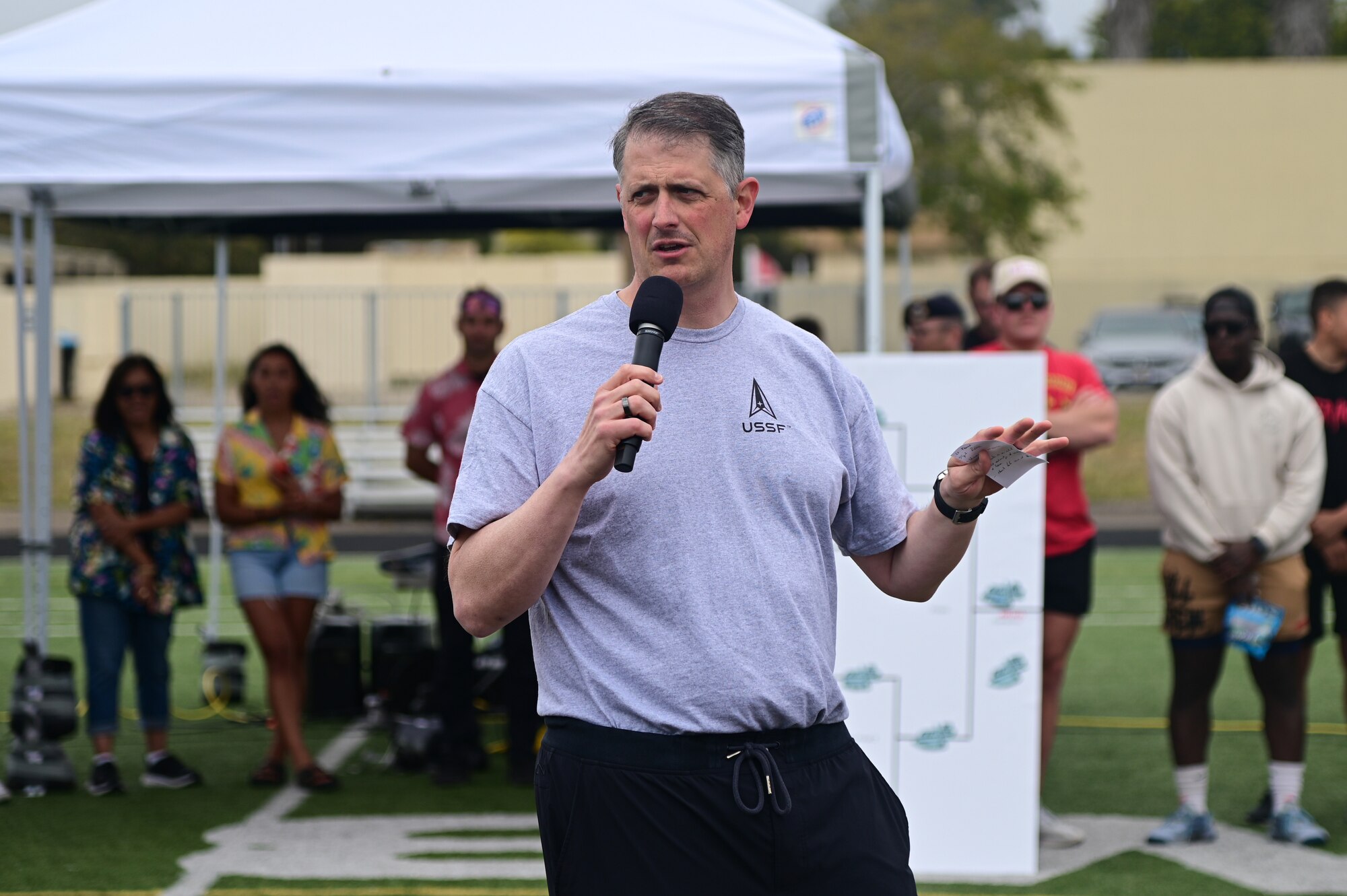 U.S. Space Force Col. Rob Long, Space Launch Delta 30 commander, gives closing remarks at the end of SLD 30's bi-annual Hawkulture Day on Vandenberg Space Force Base, Calif., May 18, 2023. The Vandenberg SFB Hawk's COVE organized thedays events, which promoted the culture of caring for fellow Airmen and Space Force Guardians. (U.S. Space Force photo by Airman 1st Class Ryan Quijas)
