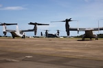 MV-22B Osprey tiltrotor aircraft with Marine Medium Tiltrotor Squadron 363 (Reinforced), Marine Rotational Force - Darwin 23, arrive at Royal Australian Air Force Base Darwin, Northern Territory, Australia, April 28, 2023. Working alongside Australian Allies, MRF-D is postured and ready to respond to crisis and contingency in the region, contributing to a safe and prosperous Indo-Pacific.  (U.S. Marine Corps photo by Lance Cpl. Brayden Daniel)