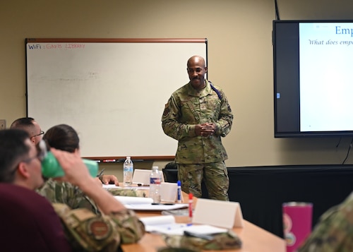 U.S. Air Force Master Sgt. Eric Schmidt, 17th Civil Engineer Squadron senior enlisted leader, leads Airpower Leadership Academy attendees through a course on empowerment and leadership influence at the Consolidated Learning Center, Goodfellow Air Force Base, Texas, May 15, 2023. Schmidt and other facilitators volunteered their time to help noncommissioned officers and their equivalents become the leaders of tomorrow. (U.S. Air Force photo by Senior Airman Sarah Williams)