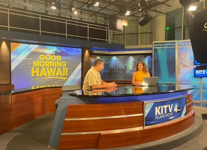 U.S. Navy Cmdr. Nico Melendez, public affairs officer, Joint Task Force-Red Hill, participates in an interview with Lia Kamana, news anchor with KITV4 Good Morning Hawaii, May 22, 2023.