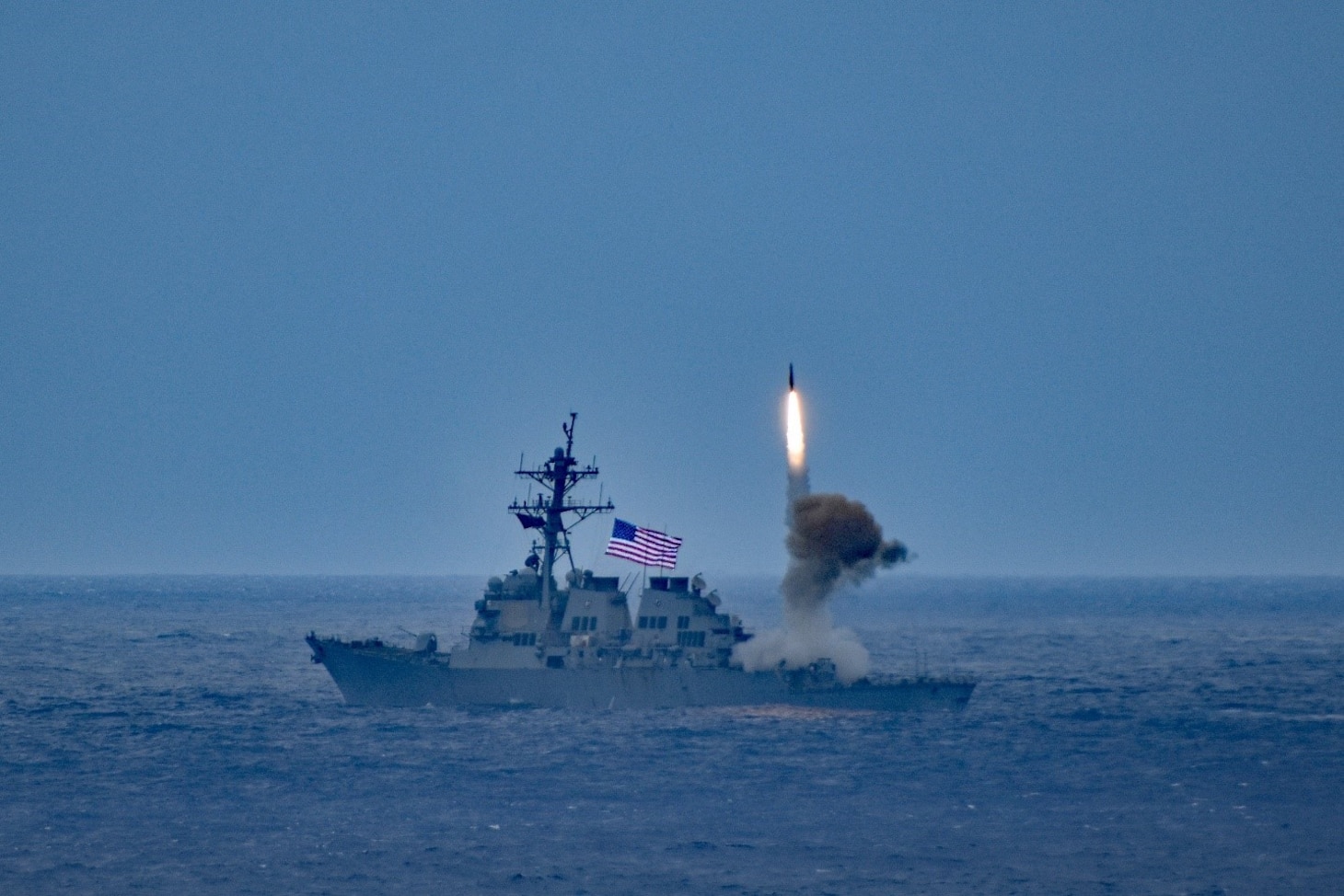 The Arleigh Burke-class guided-missile destroyer USS Milius (DDG 69) launches a Standard Missile (SM) 2 during Surface Warfare Advanced Tactical Training while operating in the Philippine Sea, March 24, 2022. Milius is assigned to Commander, Task Force 71/Destroyer Squadron (DESRON) 15, the Navy’s largest forward-deployed DESRON and the U.S. 7th Fleet’s principal surface force.