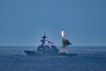 The Arleigh Burke-class guided-missile destroyer USS Milius (DDG 69) launches a Standard Missile (SM) 2 during Surface Warfare Advanced Tactical Training while operating in the Philippine Sea, March 24, 2022. Milius is assigned to Commander, Task Force 71/Destroyer Squadron (DESRON) 15, the Navy’s largest forward-deployed DESRON and the U.S. 7th Fleet’s principal surface force.