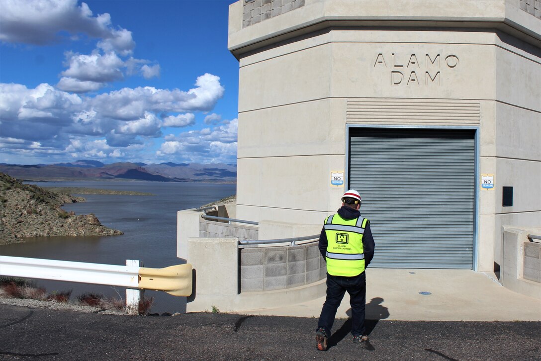 Pictured is Alamo Dam March 23 at the Alamo Lake State Park in western Arizona. The dam is located on the Bill Williams River, 39 miles upstream from the Colorado River at Lake Havasu. The dam is on the border of La Paz and Mohave Counties in Arizona. Alamo Dam and Lake is a U.S. Army Corps of Engineers multi-purpose project authorized under the Flood Control Act of 1944, Public Law 78-534.