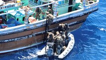 INDIAN OCEAN (April 24, 2023) Personnel from a French warship operating in support of Combined Task Force 150 board a fishing vessel during a drug seizure in the Indian Ocean, April 24, 2023.