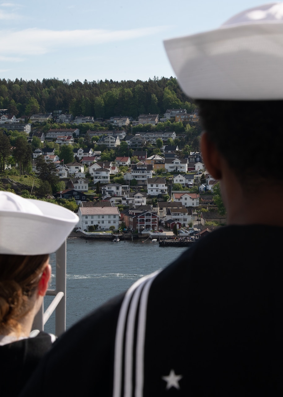 The flagship USS Gerald R. Ford (CVN 78) transits the Oslo fjord for its first port call in Oslo, Norway, May 24, 2023. Gerald R. Ford is the first U.S. aircraft carrier to pull into Norway in more than 65 years. Gerald R. Ford is the U.S. Navy�s newest and most advanced aircraft carrier, representing a generational leap in the in the U.S. Navy�s capacity to project power on a global scale. The Gerald R. Ford Strike Group is on a scheduled deployment in the U.S. Naval Forces Europe area of operations, employed by U.S. Sixth Fleet to defend U.S., allied, and partner interest. (US Navy Photo by Mass Communication Specialist 2nd Class Brian Glunt) Released