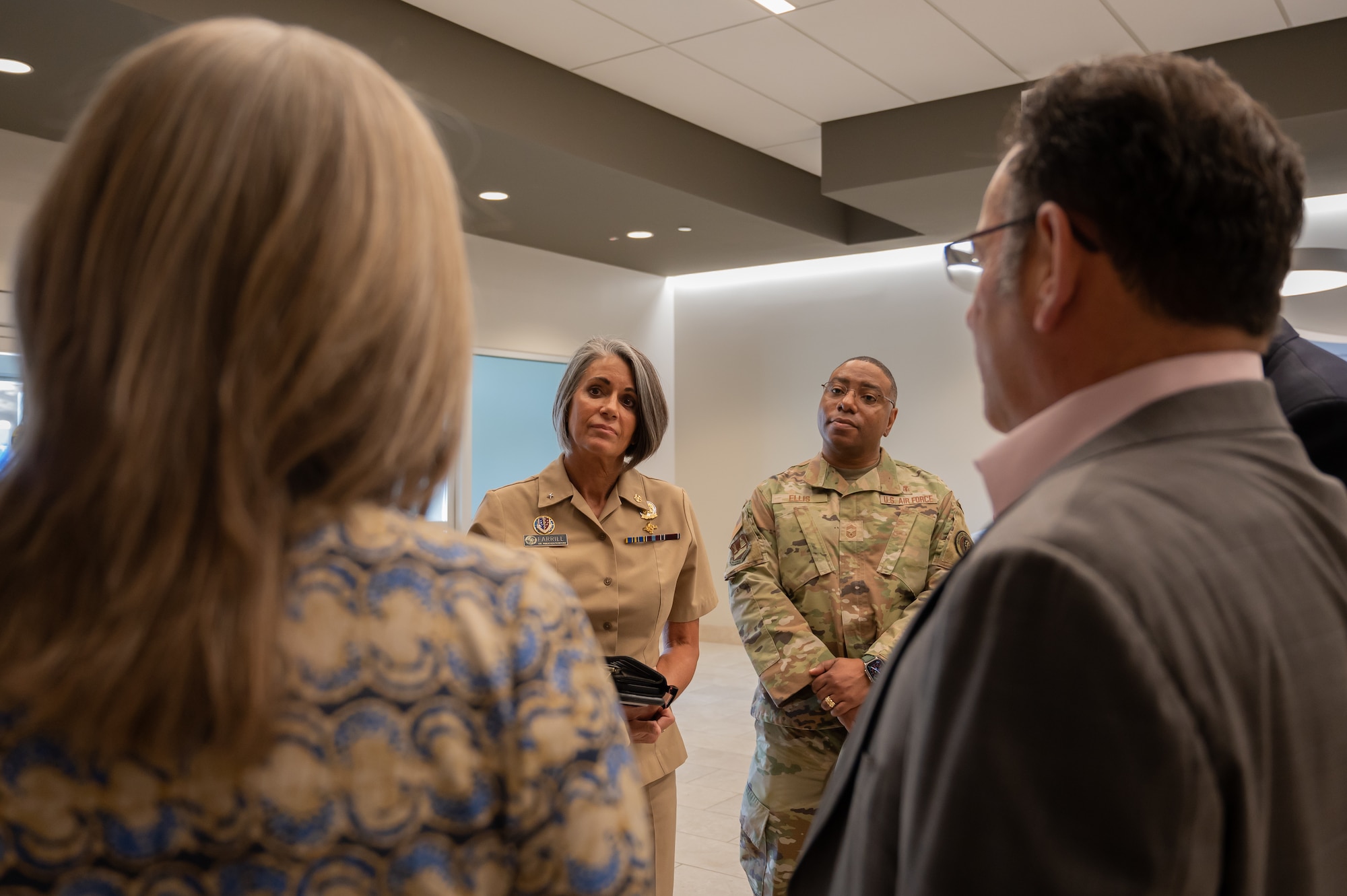 U.S. Navy Rear Adm. Tracy Farrill, Deputy Director of the Small Market and Stand-Alone Medical Treatment Facility Organization for the Defense Health Agency and U.S. Air Force Chief Master Sgt. Paul Ellis, the senior enlisted advisor to SSO for DHA, meet the leaders and executives of Deborah Heart and Lung Center during their visit at Joint Base McGuire-Dix-Lakehurst, N.J., May 17, 2023. Members from DHA visited to gain perspective on the unique capabilities and mission of the joint base.
