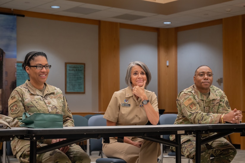 U.S. Navy Rear Adm. Tracy Farrill, Deputy Director of the Small Market and Stand-Alone Medical Treatment Facility Organization for the Defense Health Agency, U.S. Air Force Col. Bridget Gill, 87th Medical Group Commander and U.S. Air Force Chief Master Sgt. Paul Ellis, the senior enlisted advisor to SSO for DHA receive a briefing from the vice president of Deborah Heart and Lung Center during their visit at Joint Base McGuire-Dix-Lakehurst, N.J., May 23, 2023. Members from DHA visited to gain perspective on the unique capabilities and mission of the joint base.